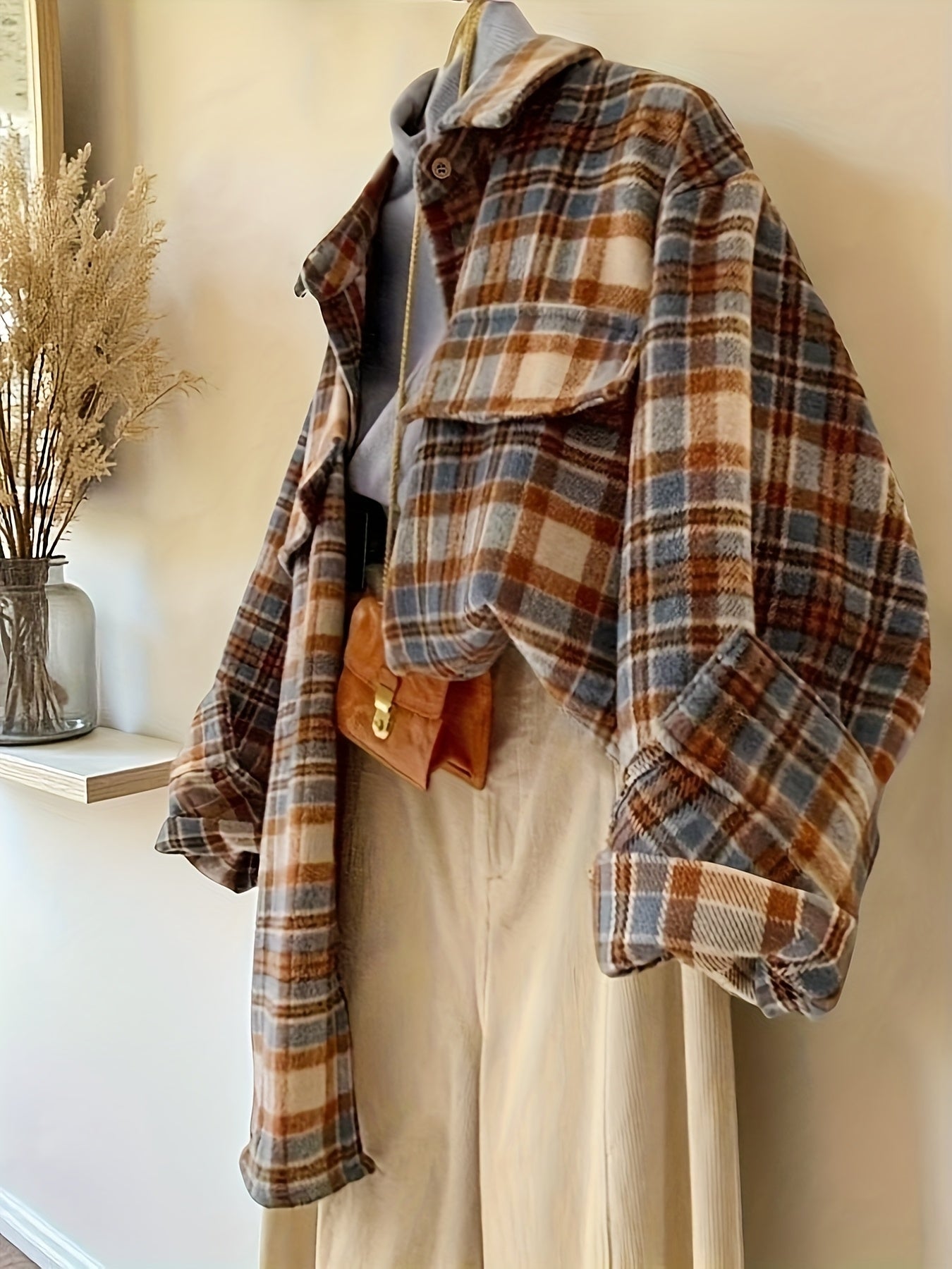 Shacket oversize da donna a quadri beige, blu e marrone