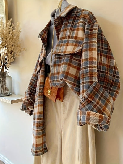 Shacket oversize da donna a quadri beige, blu e marrone