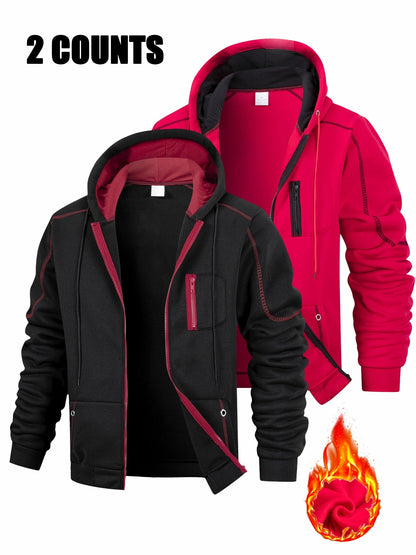 2er Pack Herren Kapuzenjacke Reißverschluss, gefüttert, Kontrastnähte