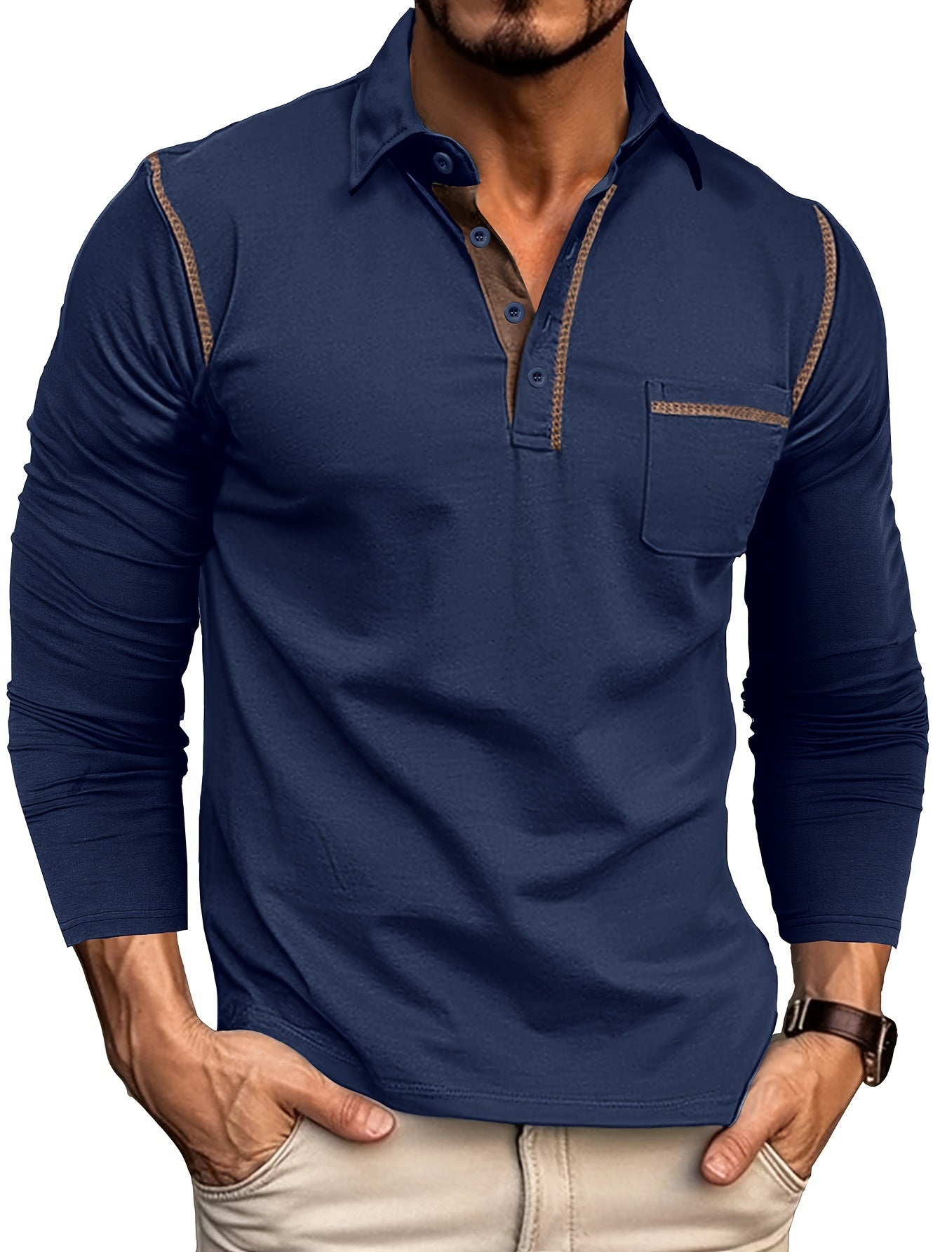 Langærmet poloshirt til herrer med knaplukning og brystlomme