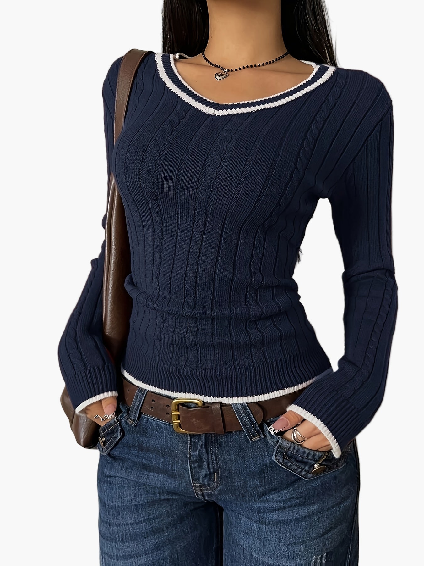 Jersey para mujer con escote en V, ajustado, casual y a la moda – ideal para día a día y ocio