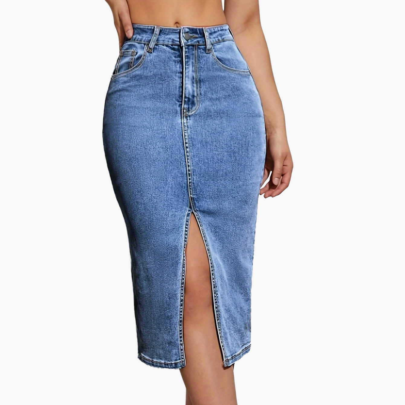 Damejeans-midirok med høj talje og frontslids – moderigtig fritidsstil til sommeren