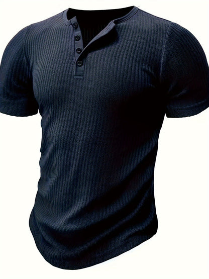 Męska koszulka Henley z krótkim rękawem, prążkowana, letni styl casual
