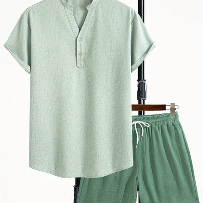 Herren Freizeit Zweiteiler Set Modern – Kurzarm Henley Shirt & Shorts für Sommer und Urlaub