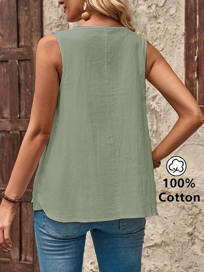 Top Henley sans manches décontracté pour femme avec patte de boutonnage, idéal pour le quotidien et l'été