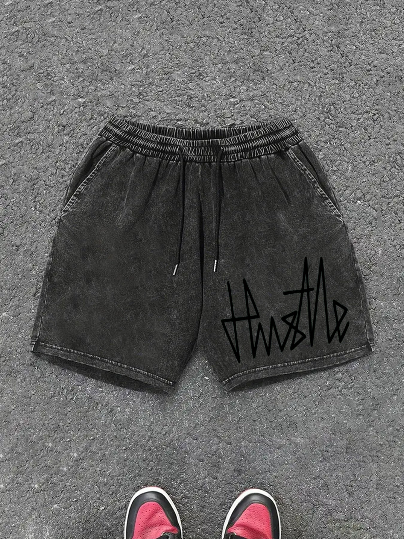 Męskie szorty streetwear z nadrukiem „Hustle” – luźne szorty dresowe na co dzień i na czas wolny