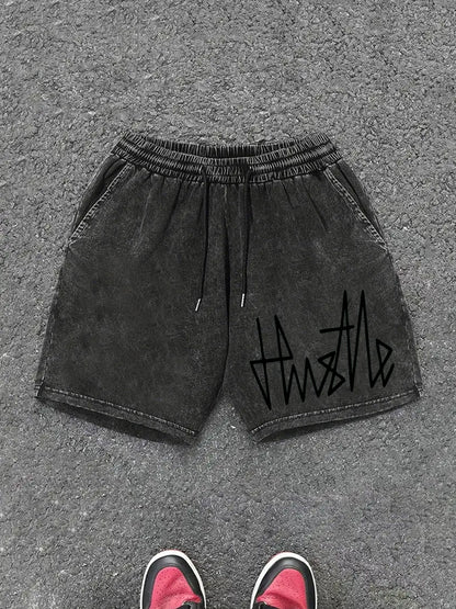 Męskie szorty streetwear z nadrukiem „Hustle” – luźne szorty dresowe na co dzień i na czas wolny