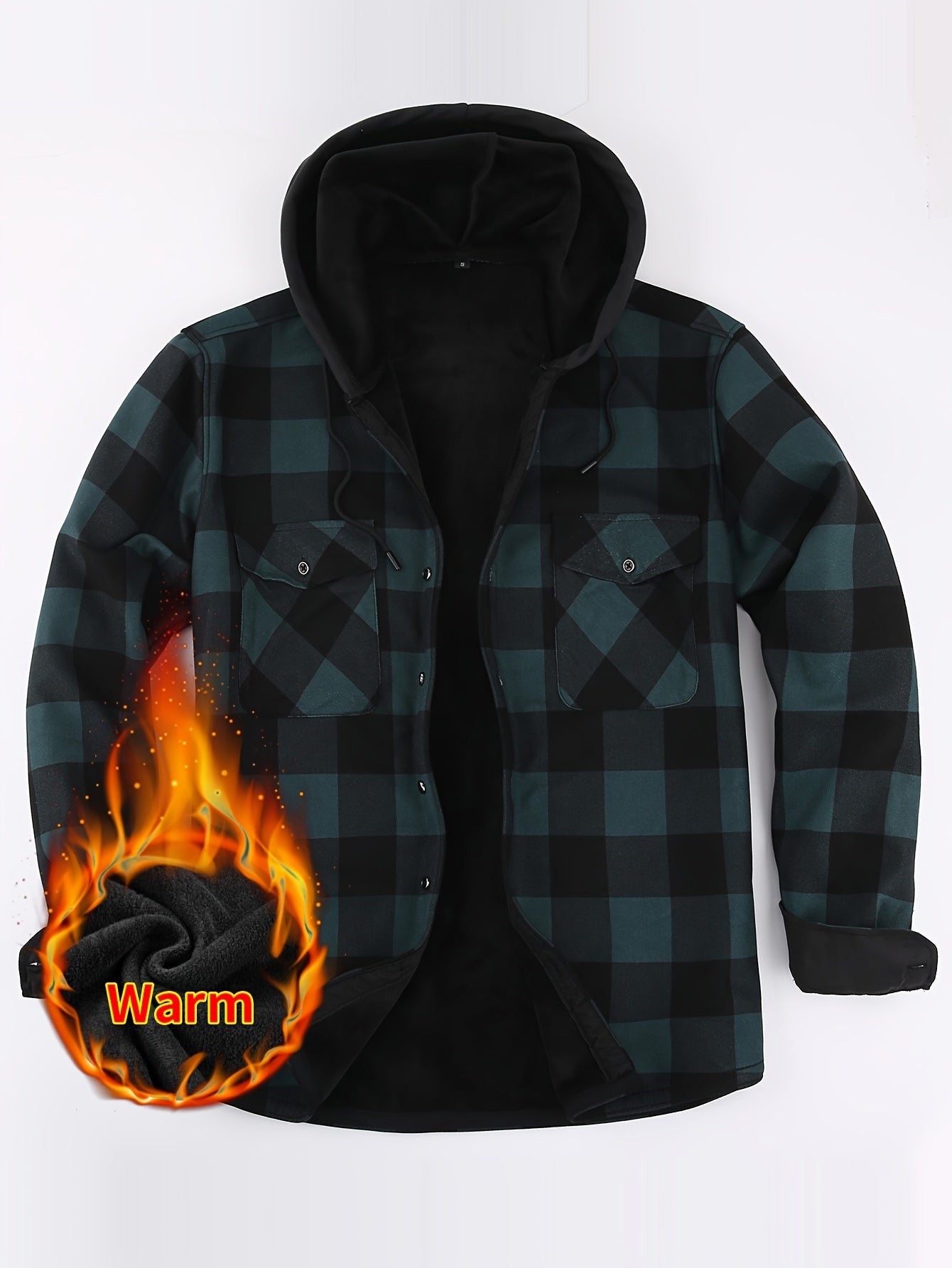 Giacca-camicia da uomo a quadri con cappuccio, imbottita e calda