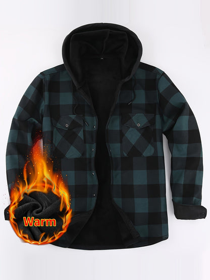 Giacca-camicia da uomo a quadri con cappuccio, imbottita e calda