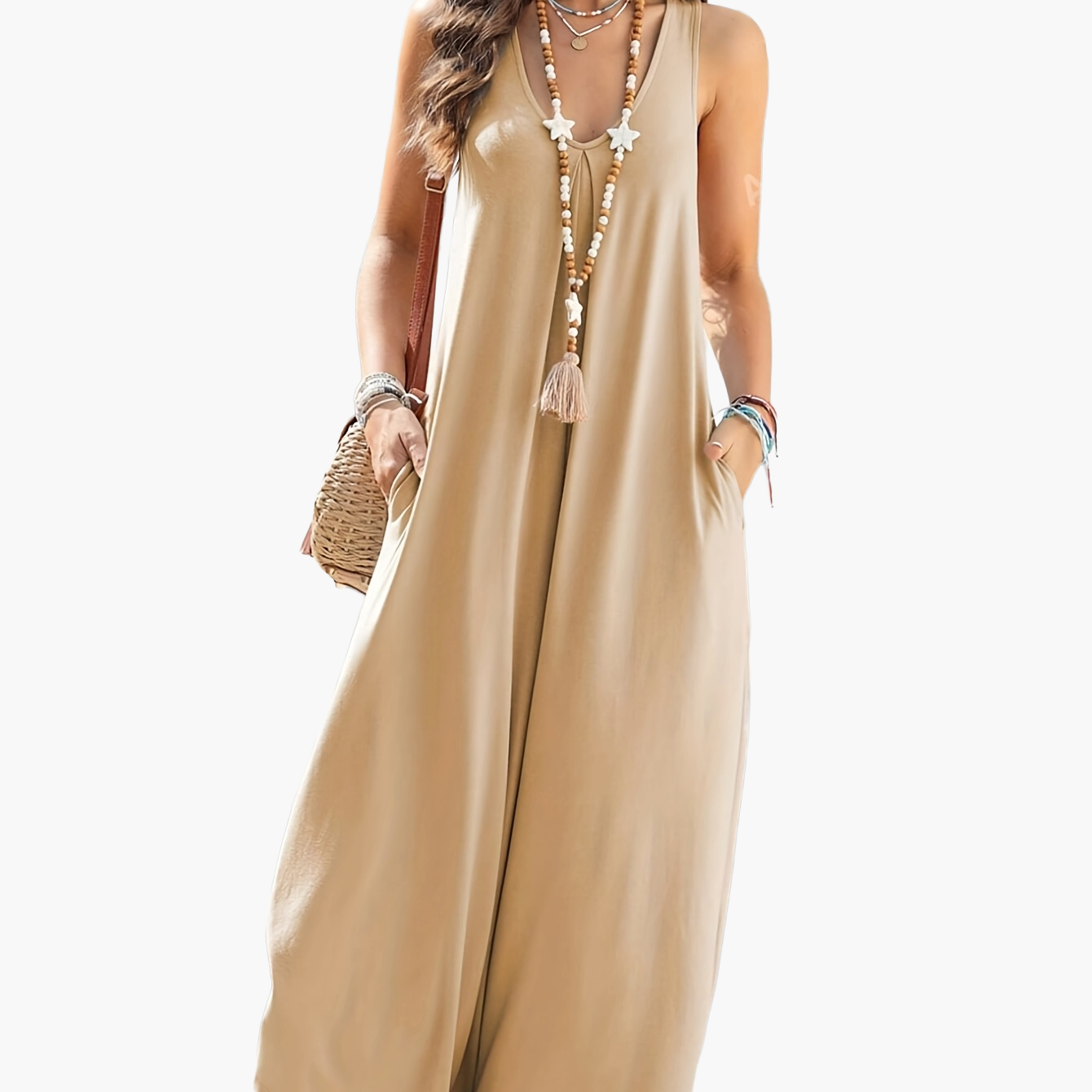 Mono ancho de mujer con escote en V y bolsillos – Mono veraniego casual para el día a día y vacaciones