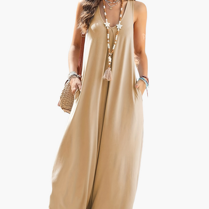 Mono ancho de mujer con escote en V y bolsillos – Mono veraniego casual para el día a día y vacaciones