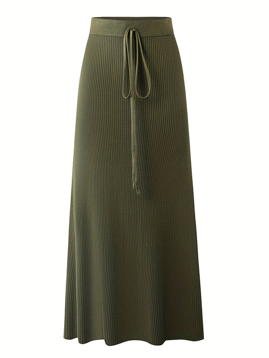 Falda midi para mujer con cinturón de lazo y estructura acanalada – Look elegante para tiempo libre y oficina