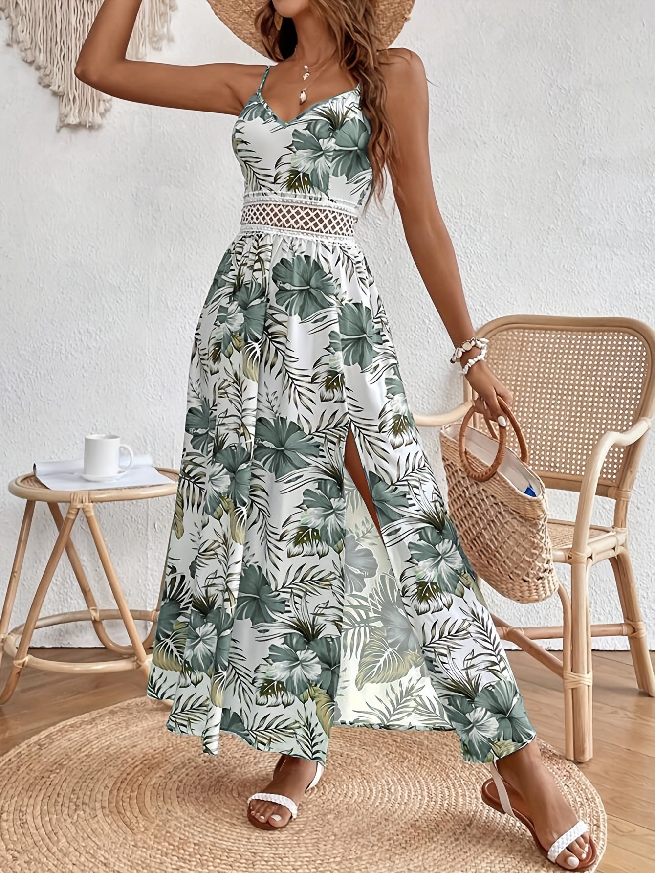 Damen Maxikleid Elegant mit Blumenmuster und Schlitz für Sommer und Urlaub