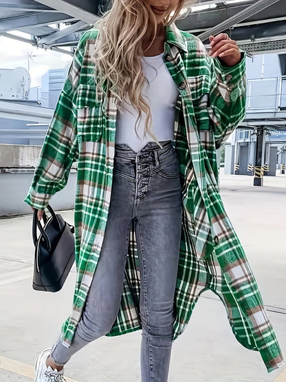 Camicia overshirt lunga da donna a quadri in stile casual per primavera e autunno