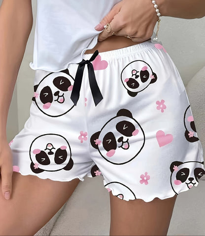 Dame sove-shorts med panda-mønster og sløjfe – Søde pyjamasshorts til forår og sommer