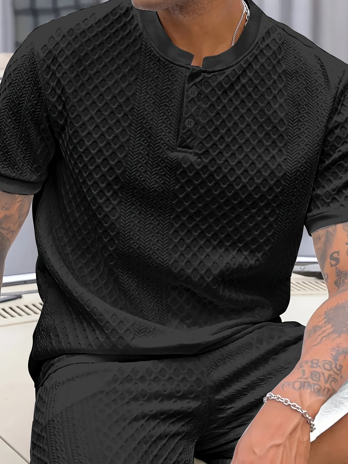 Herren Sommer Set mit Strukturmuster – Freizeit Kurzarm Shirt und Shorts für Alltag und Urlaub
