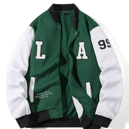 Chaqueta de béisbol unisex multicolor con parches «LA», chaqueta universitaria de estilo casual con cierre de botones