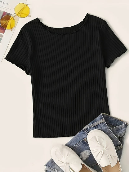 Damen Basic Kurzarm Shirt mit Rippstruktur und Wellensaum – Stilvolles Alltagsoberteil
