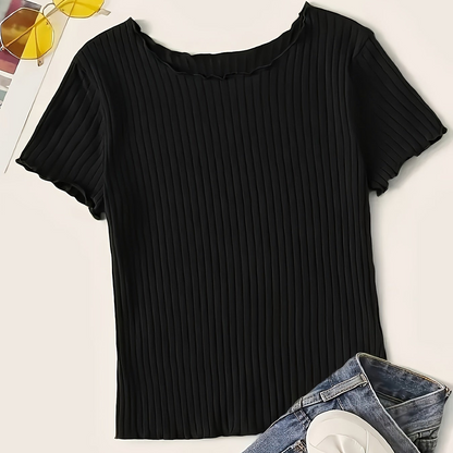 Damen Basic Kurzarm Shirt mit Rippstruktur und Wellensaum – Stilvolles Alltagsoberteil