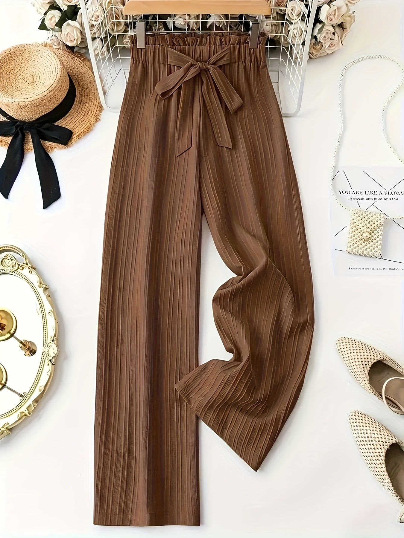 Pantalon plissé élégant pour femme, jambe large avec nœud – Parfait pour les loisirs et le bureau