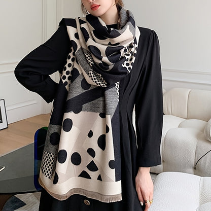Damen Schal mit geometrischem Punktmuster, Schwarz und Beige