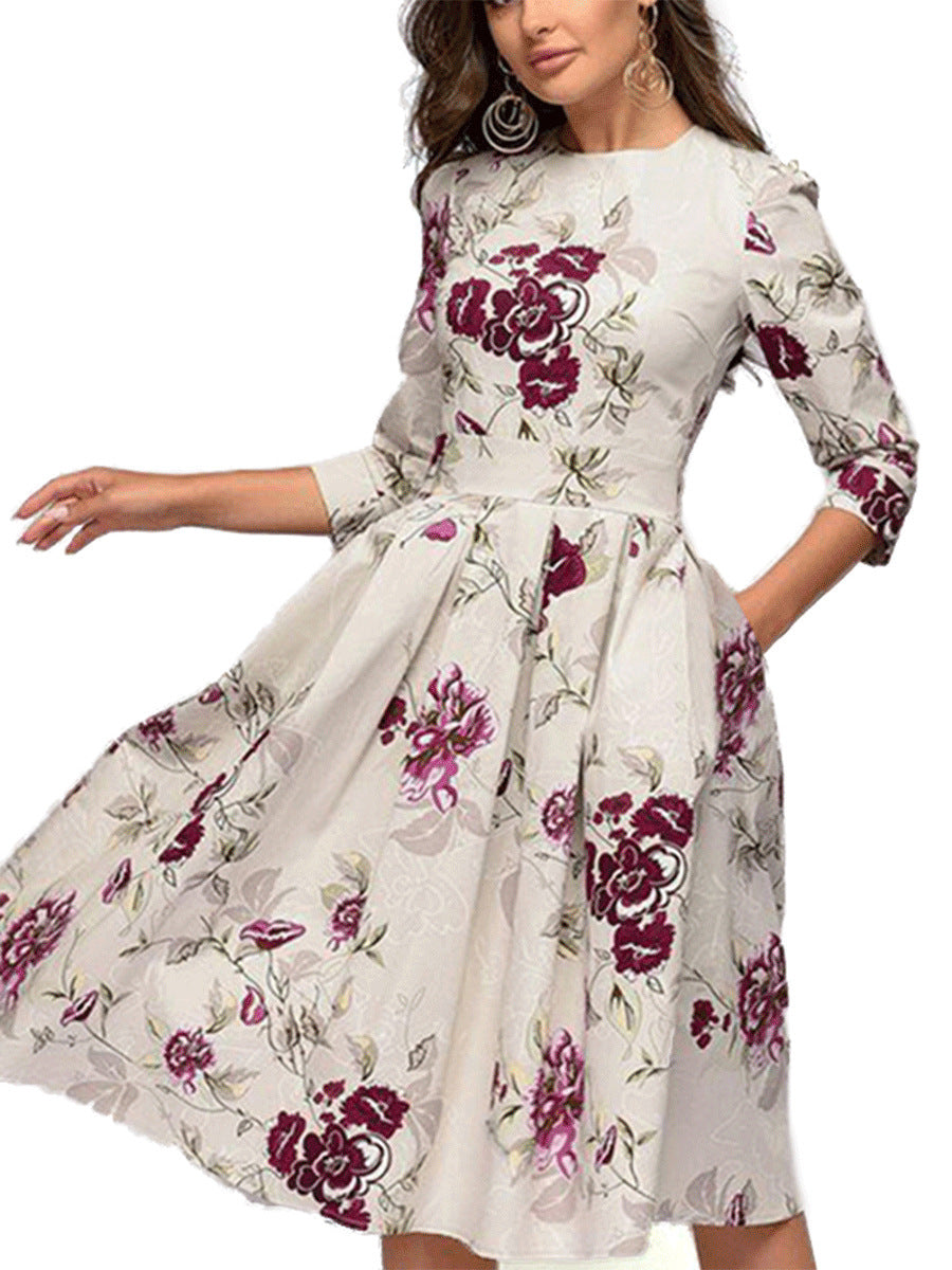 Dames elegante A-lijn jurk met bloemenpatroon en 3/4 mouwen voor feestelijke gelegenheden en dagelijks gebruik