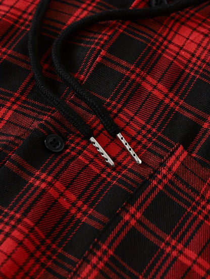 Giacca-camicia da uomo a quadri con cappuccio e maniche lunghe, rossa e nera