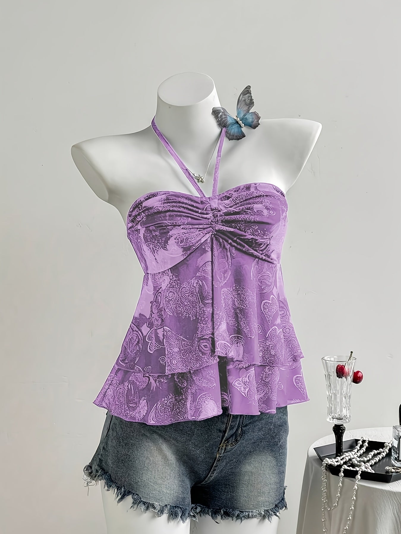 Dame halterneck volant top med hjerteprint – romantisk sommer peplum top til fritid og udgang
