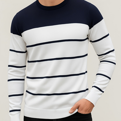Stribet herrepullover med rund hals og farveblokdesign
