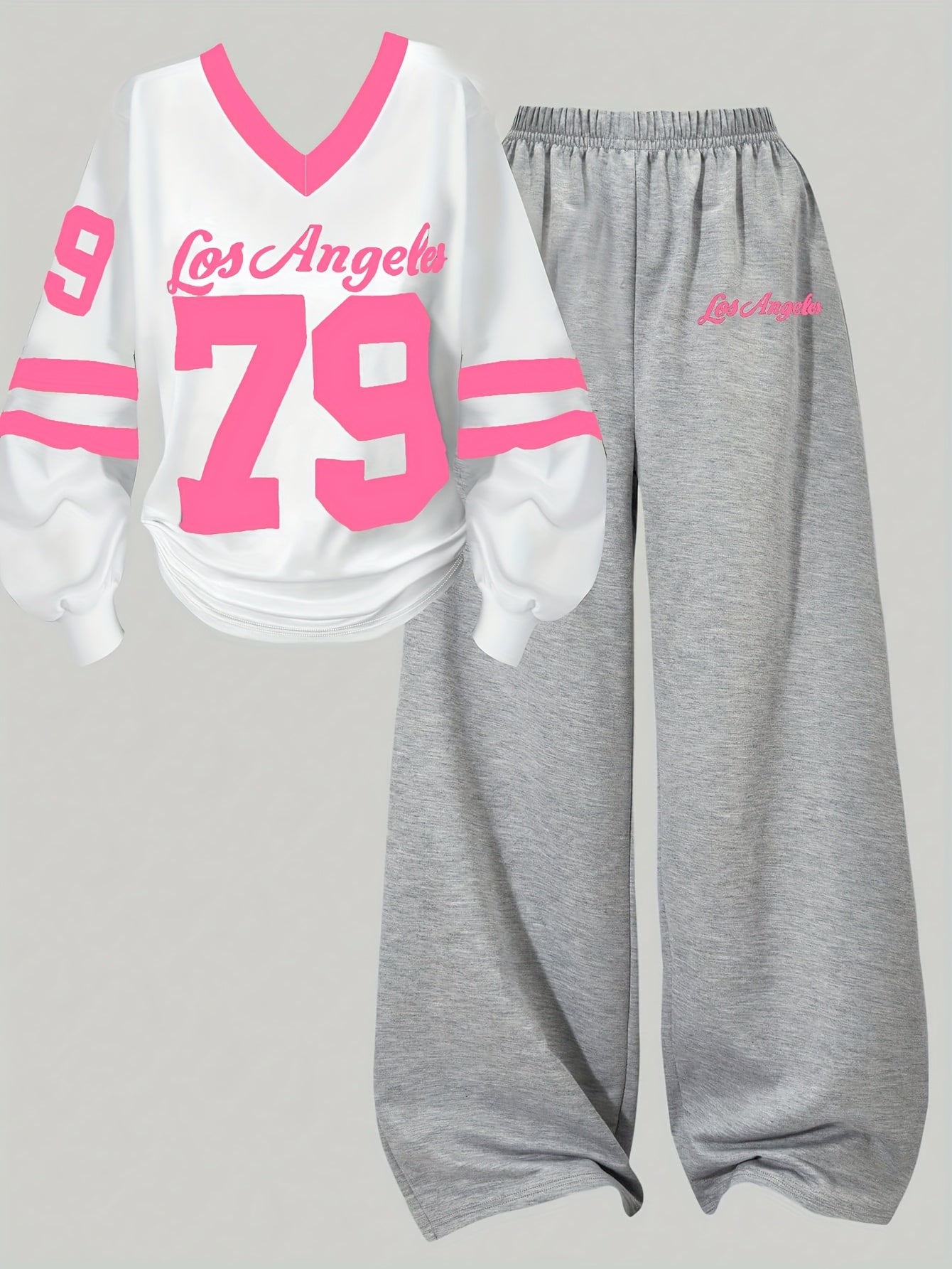 Zweiteiler Loungewear Set mit "Los Angeles" Print, weißes Shirt & graue Hose
