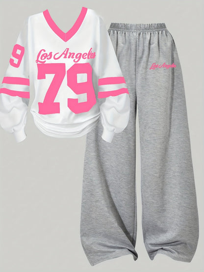 Zweiteiler Loungewear Set mit "Los Angeles" Print, weißes Shirt & graue Hose