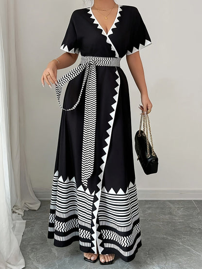 Damen Maxi Wickelkleid mit grafischem Muster und Gürtel – Elegantes Sommerkleid für festliche Anlässe