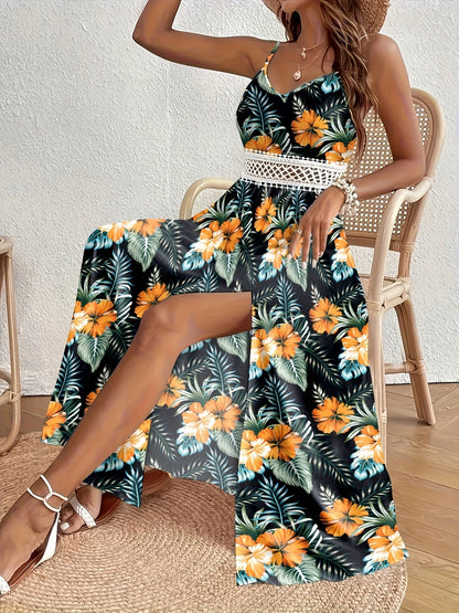 Robe longue femme à motif floral tropical avec bretelles spaghetti – Parfaite pour les vacances et l'été
