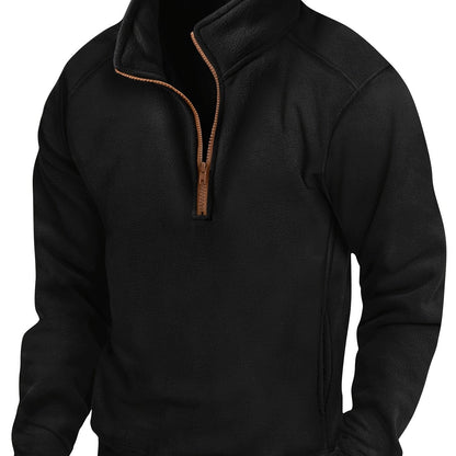 Fleece-pullover til mænd med ståkrave, halv lynlås, lange ærmer og lomme
