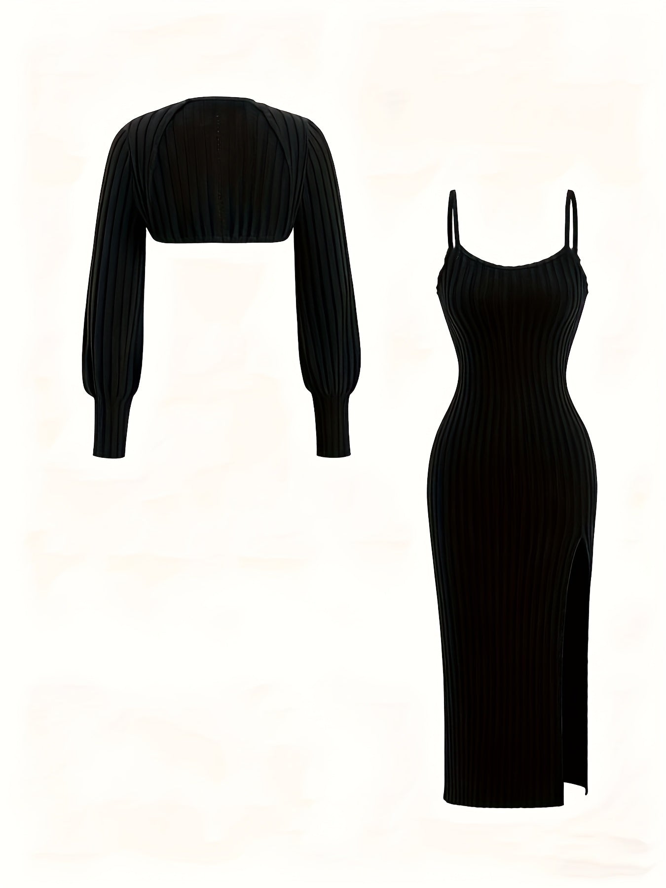 Damen Geripptes Midikleid mit Spaghettiträgern und Kurzpullover-Set