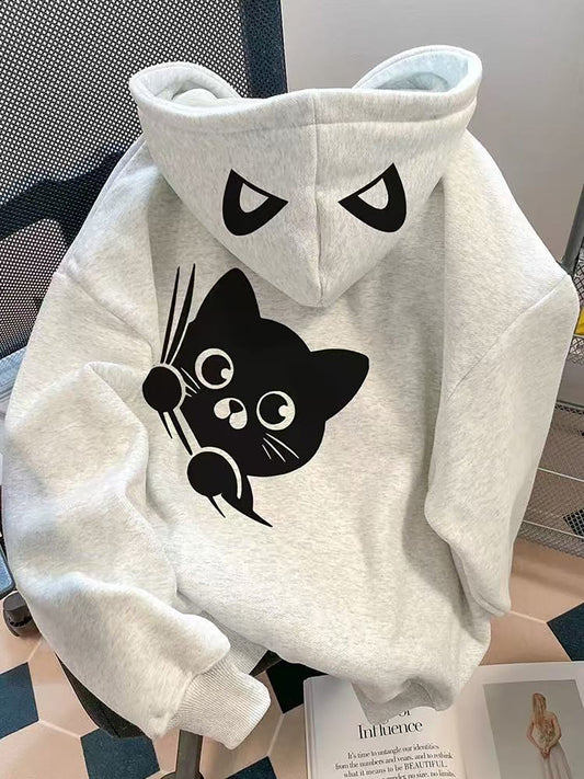 Unisex Kapuzenpullover Hellgrau mit Katze und Augen Print