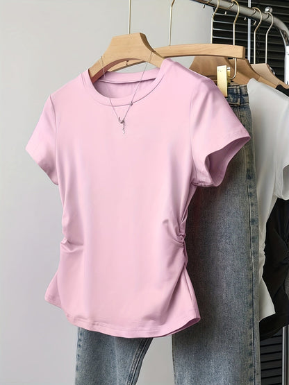 Damen Basic T-Shirt mit Rundhalsausschnitt und Raffung – Alltag & Freizeit