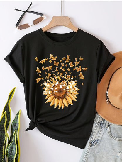 Dame T-shirt med solsikke og sommerfugle – Løs fritidstrøje med sommermotiv