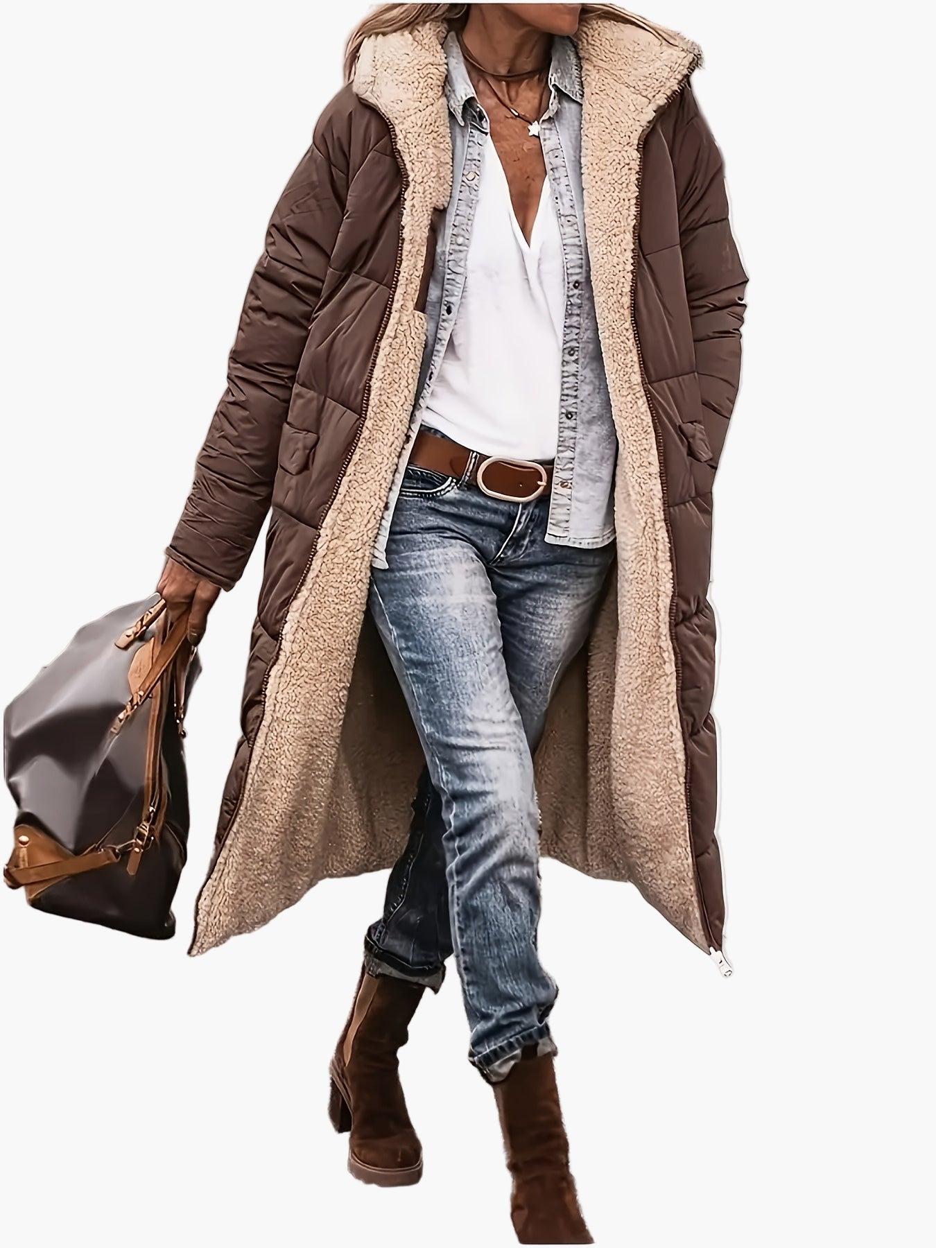 Longue doudoune pour femme avec capuche et doublure teddy – Veste d'hiver tendance pour le quotidien et les voyages