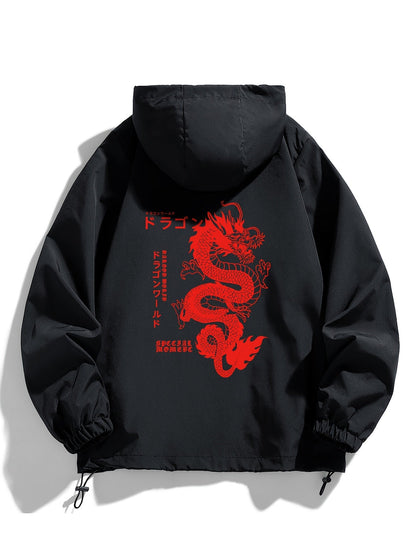Schwarze Jacke mit Kapuze und rotem Drachen-Stickerei