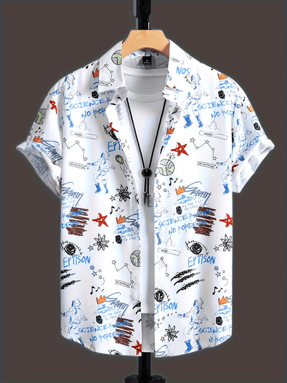 Herrens kortärmade fritidsskjorta med graffiti-tryck – urban streetwear-stil