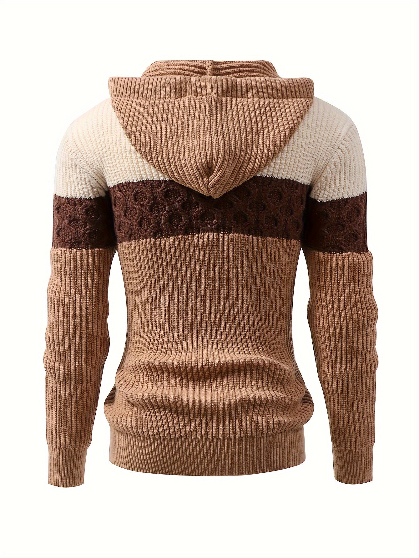 Strikpullover med hætte til mænd, blokstriber, brun og beige