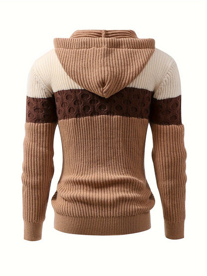 Strikpullover med hætte til mænd, blokstriber, brun og beige