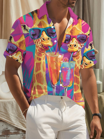 Herre sommer fritidsskjorte med girafprint og cocktailmotiv – kortærmet festskjorte