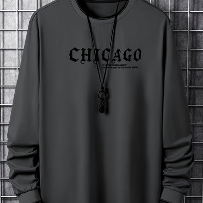 Herren Langarmshirt mit Chicago-Schriftzug und Rippbündchen, Rundhalsausschnitt