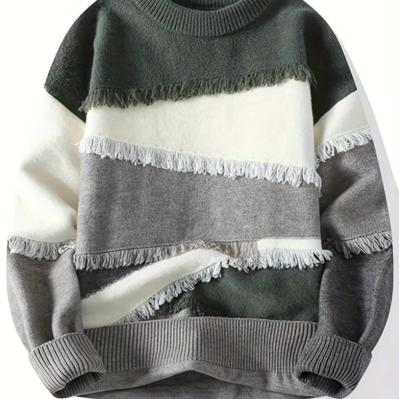 Unisex Patchwork Pullover mit Fransen Rundhals Langarm Strickpullover Mehrfarbig