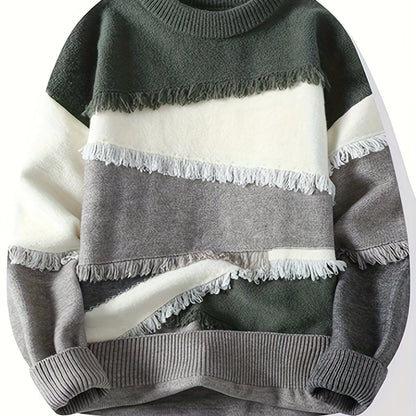 Unisex Patchwork Pullover mit Fransen Rundhals Langarm Strickpullover Mehrfarbig
