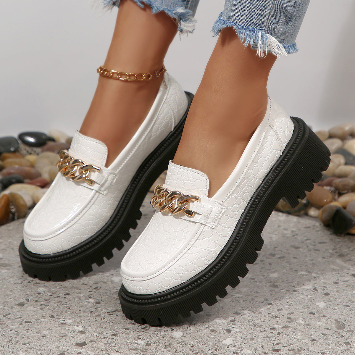 Mocassino chunky da donna con decorazione a catena – Scarpe slip-on alla moda per tutti i giorni e ufficio