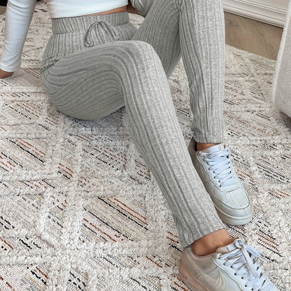 Damen Gerippte Strickhose mit Kordelzug Hoher Bund Braun