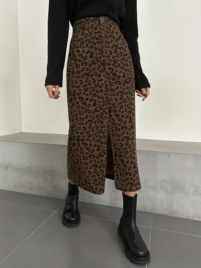 Gonna midi da donna con motivo leopardato e spacco